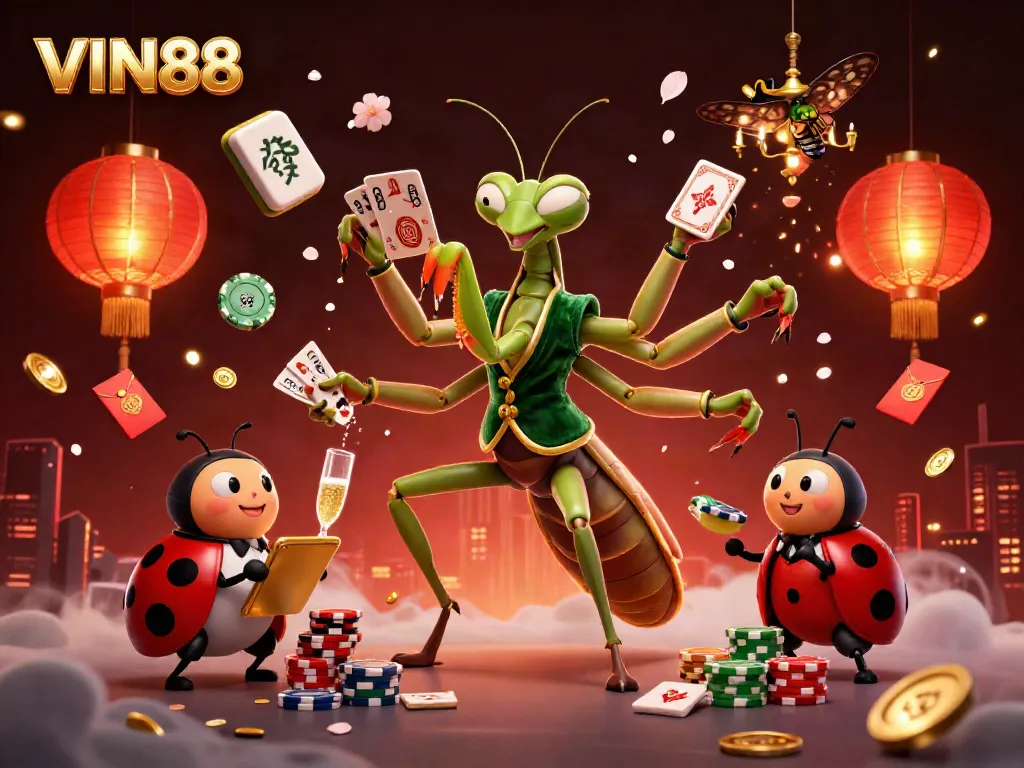 Experience the excitement at VIN88 with a vibrant 3D illustration of a giant mantis and ladybug characters engaging in card games and casino activities.