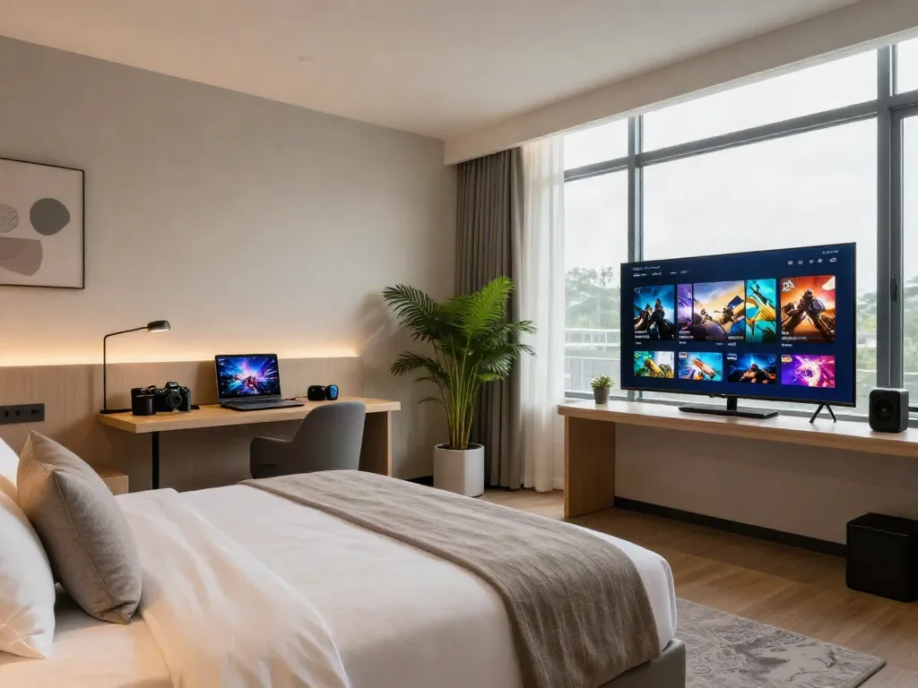 rokok88 modern hotel room with gaming setup for relaxation