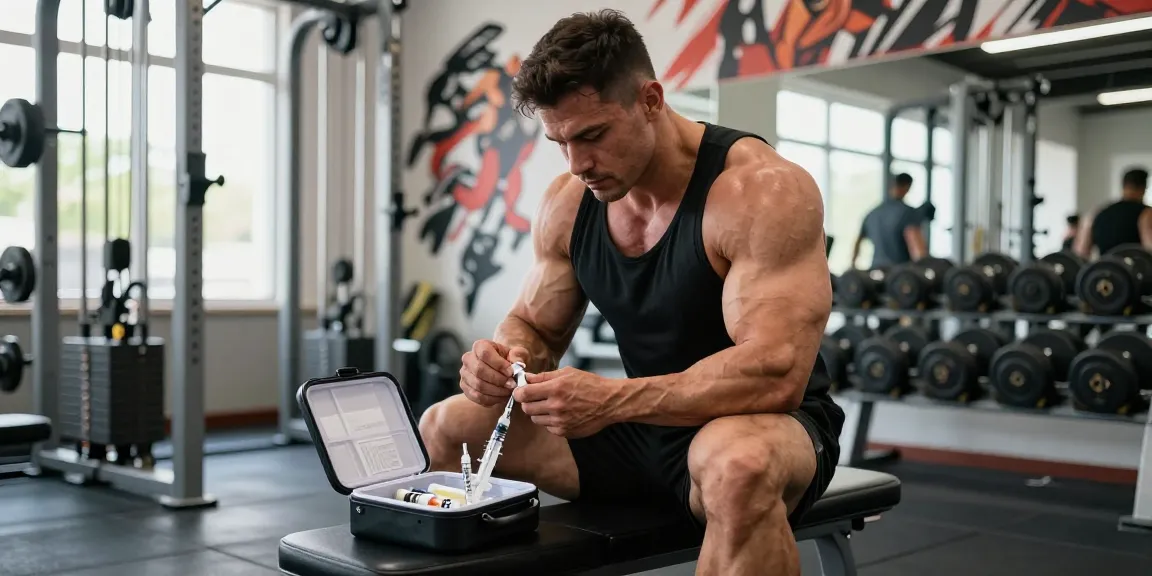 Anabolika Shop: Bodybuilder bereitet injizierbare Steroide in einem Fitnessstudio vor, zeigt ernsthafte Hingabe und Trainingsumfeld.