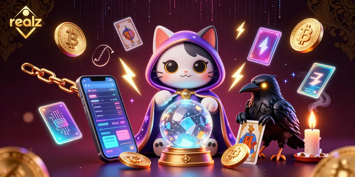 Realz casino scene showcasing a mystic cat and raven amidst vibrant crypto-themed elements.
