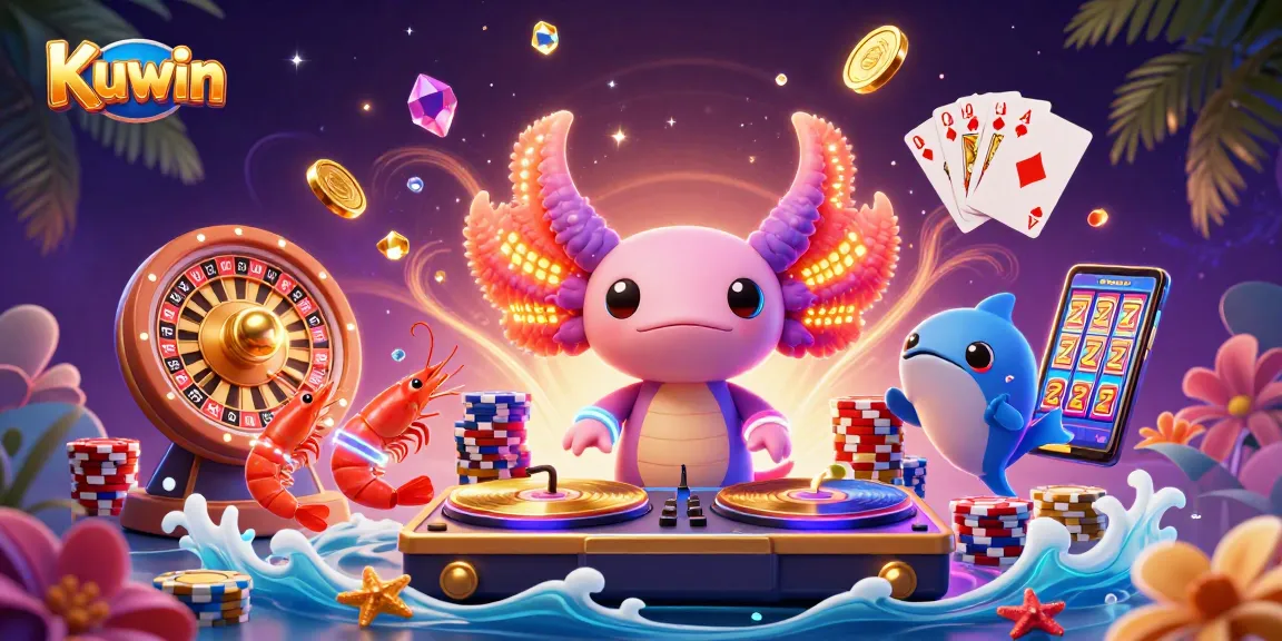 Kuwin features a vibrant underwater casino scene with an axolotl DJ, golden coins, and shimmering gemstones.