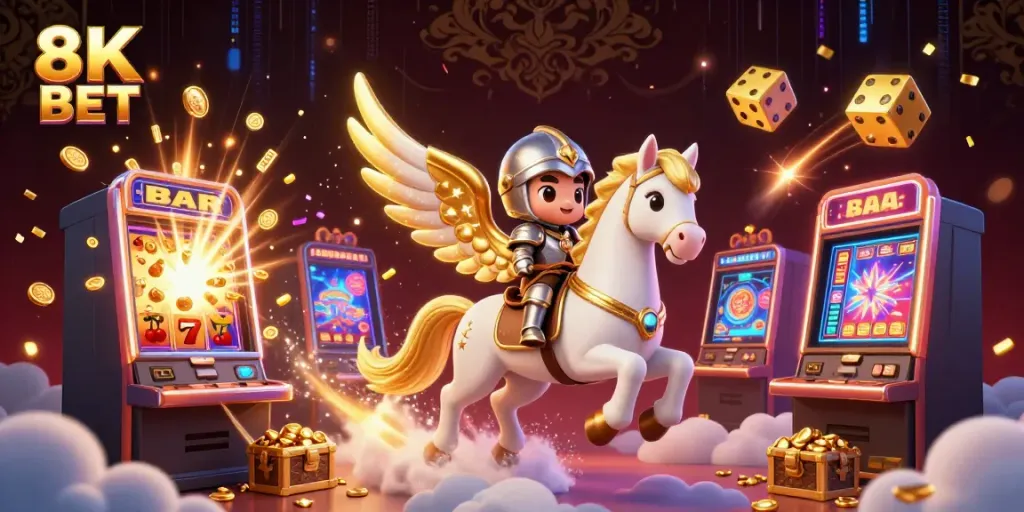 Join the excitement at 8K BET with a dynamic 3D casino scene full of golden winnings and unique games.