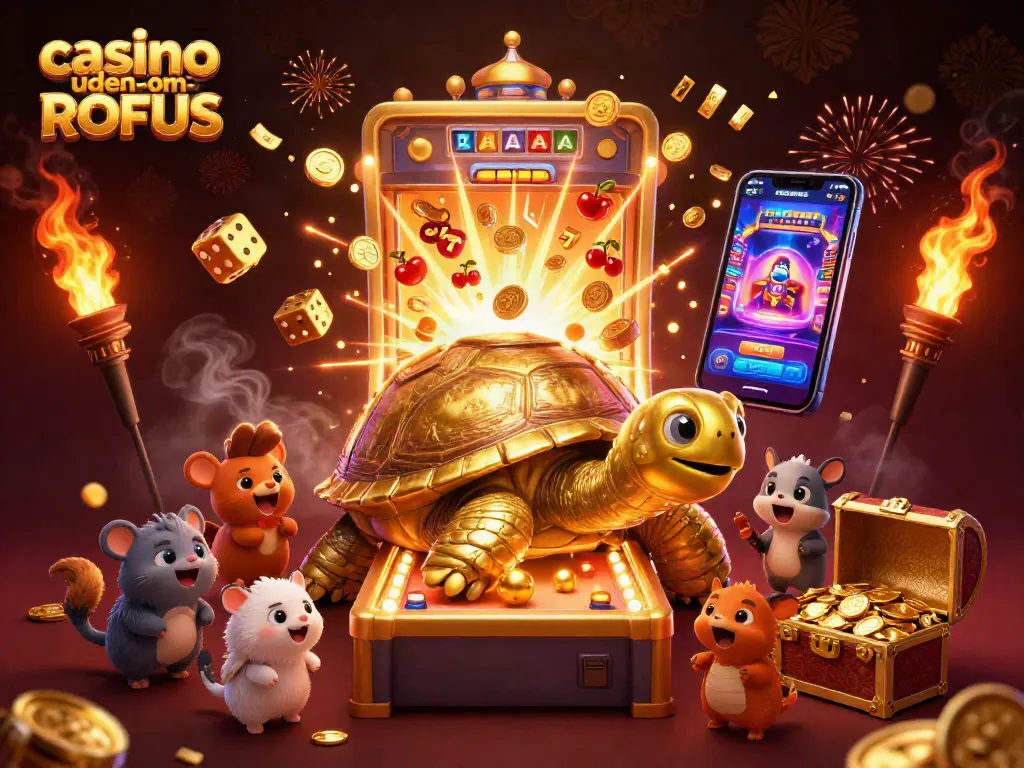 Experience casino uden om ROFUS with an exciting, dynamic 3D scene of a colossal golden tortoise and vibrant gaming elements.
