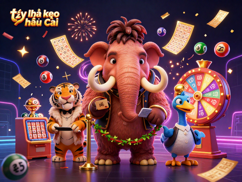 Engaging scene of tỷ lệ kèo nhà cái with a woolly mammoth bouncer and saber-tooth tiger guest, amidst colorful lottery elements.