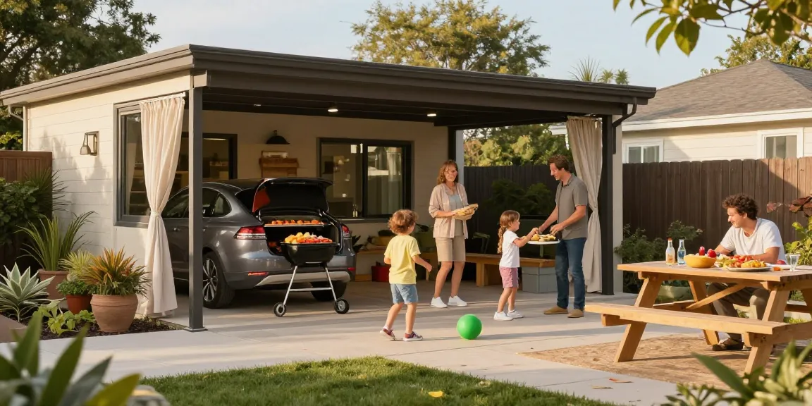Moderne Carport-Szene mit Familie und Kindern im Garten