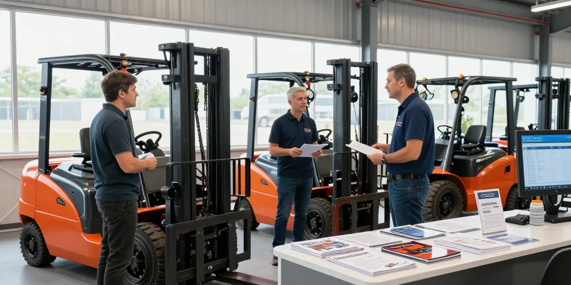 Gebrauchte Still Gabelstapler, die in einem industriellen Showroom präsentiert werden, wobei verschiedene Modelle und aufmerksame Kundeninteraktionen hervorgehoben werden.