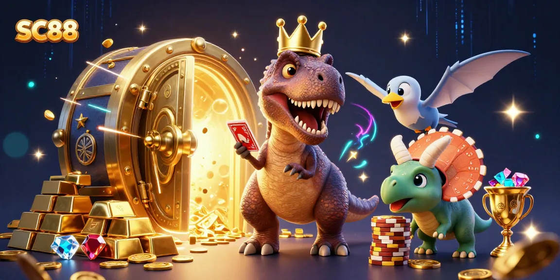 SC88 captures fun gameplay with dinosaurs handling cards and chips in a rich casino atmosphere.