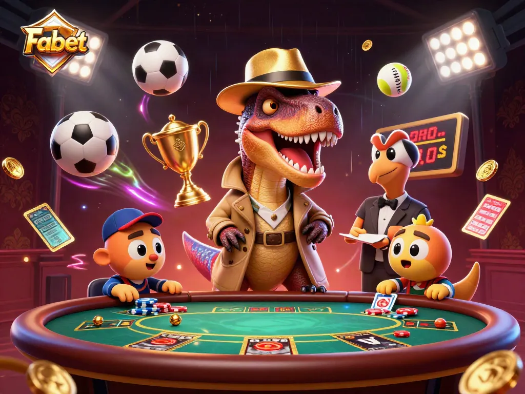 Fabet enhances gameplay with a cartoon velociraptor counter conspiring at a blackjack table.