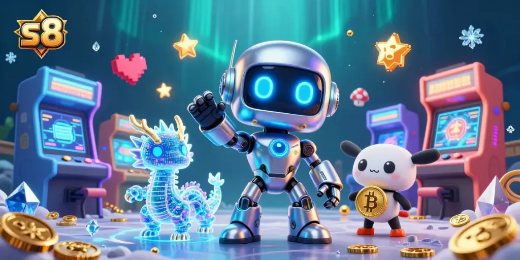 Engage with the s8 experience through a dynamic 3D casino scene featuring a cyberpunk robot and bitcoin elements.