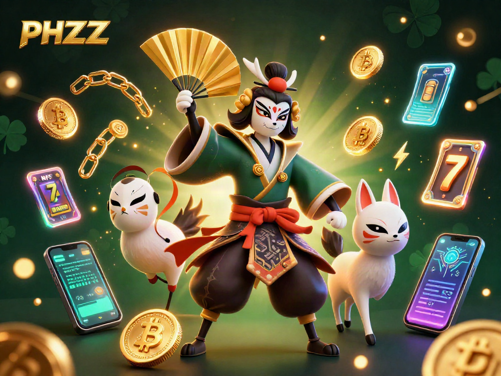 Experience the thrilling crypto gaming world with PHZZZ as kabuki warriors battle amidst vibrant slot reels.