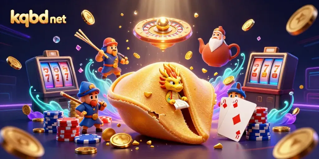 Engage with exciting gameplay at kqbd net with a magical casino-themed illustration featuring a golden cookie, dragon, and treasures.