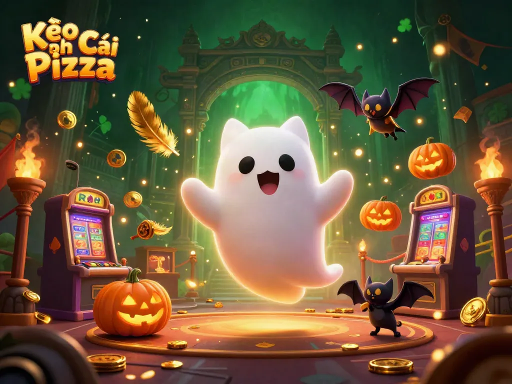 Engage in thrilling gaming with Kèo Nhà Cái Pizza, featuring a ghost cat and vampire bat in a haunted casino.