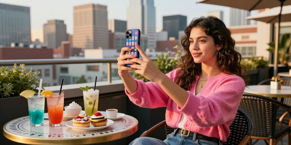 Instagram Likes kaufen: Influencer im modernen Café, das Selfies macht und ihre Stilrichtung zeigt.
