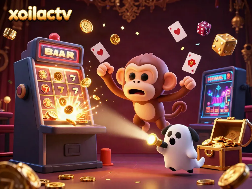 Xoilactv showcases a mischievous poltergeist monkey juggling golden casino treasures in a haunted setting.