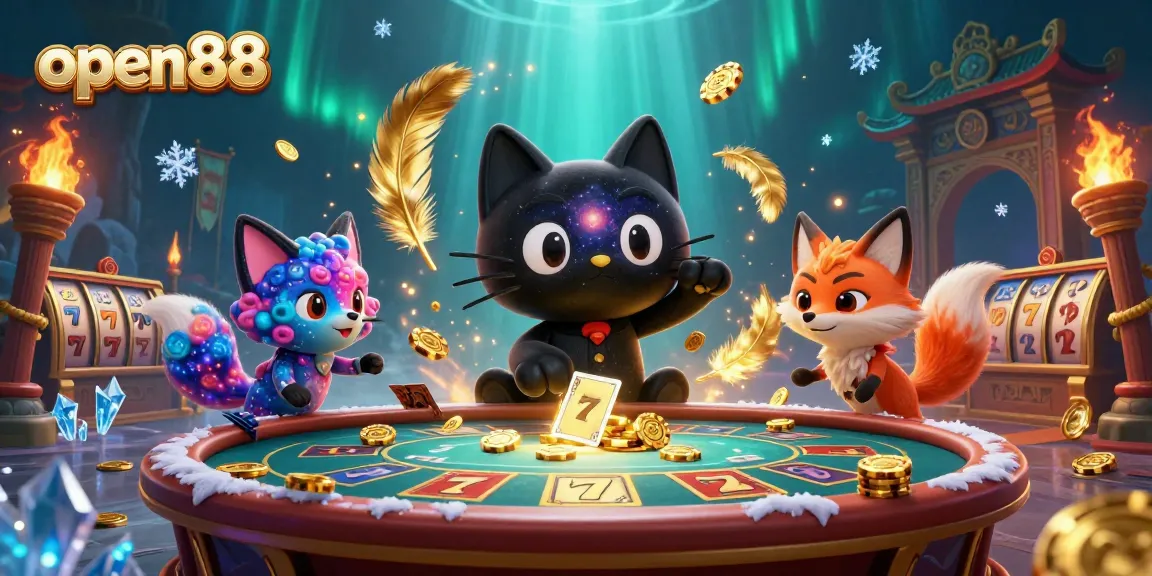 Win big with open88 at a cosmic casino, featuring playful characters and vibrant game elements.