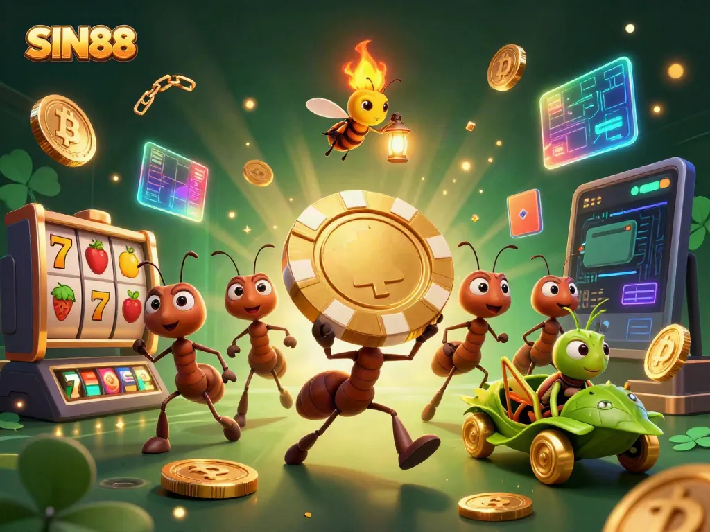 Experience the thrill of SIN88 with a heist of giant poker chips in a vibrant casino scene.