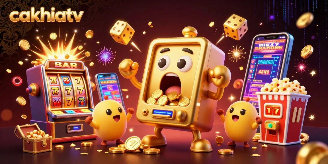 Cakhiatv showcases vibrant 3D jackpot action with golden slot machines and dynamic gaming elements.