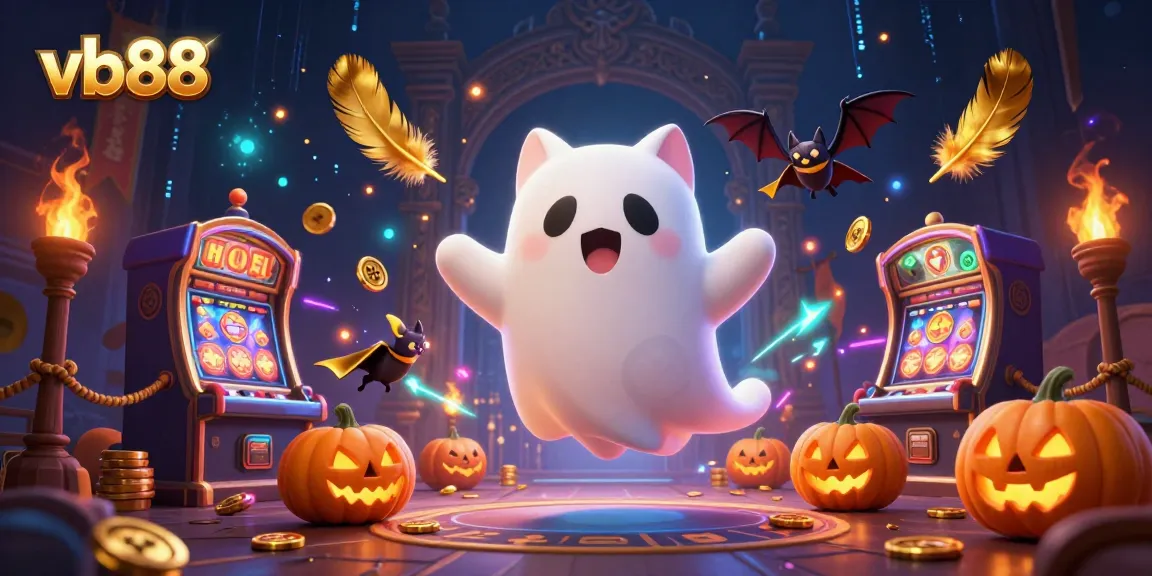 vb88 showcases a ghost cat and bat in a haunted casino with vibrant, glowing elements.