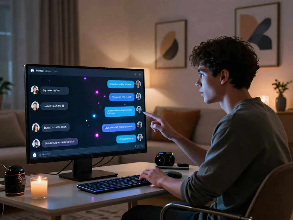 AI chat porn scene showcasing a user interacting with a lifelike AI chatbot in a cozy environment.