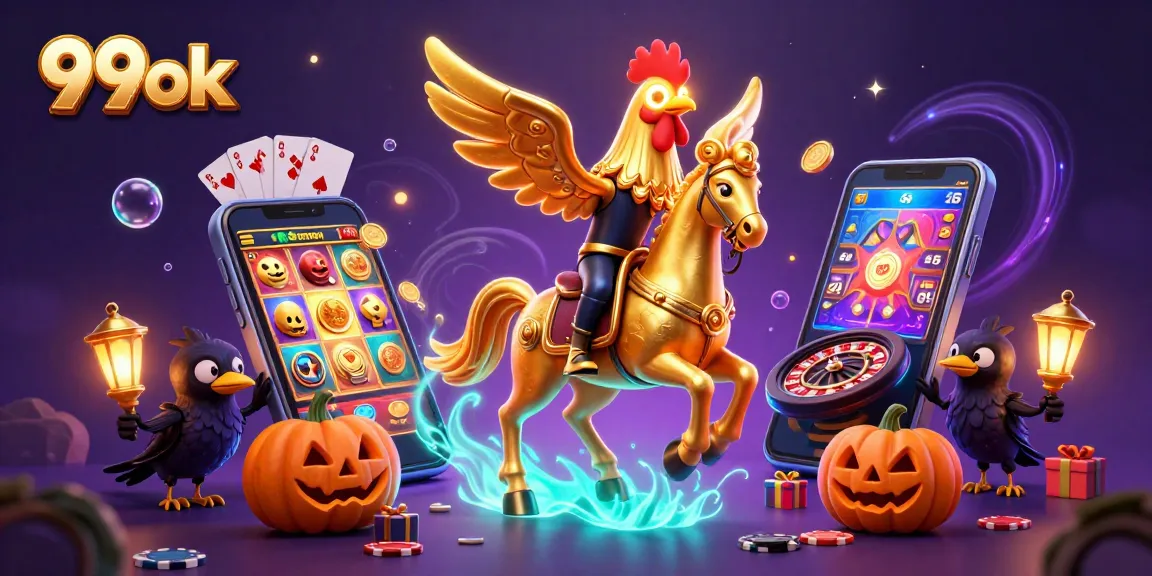 Experience the thrill of 99ok in a vibrant casino scene with golden rooster and glowing slot games.