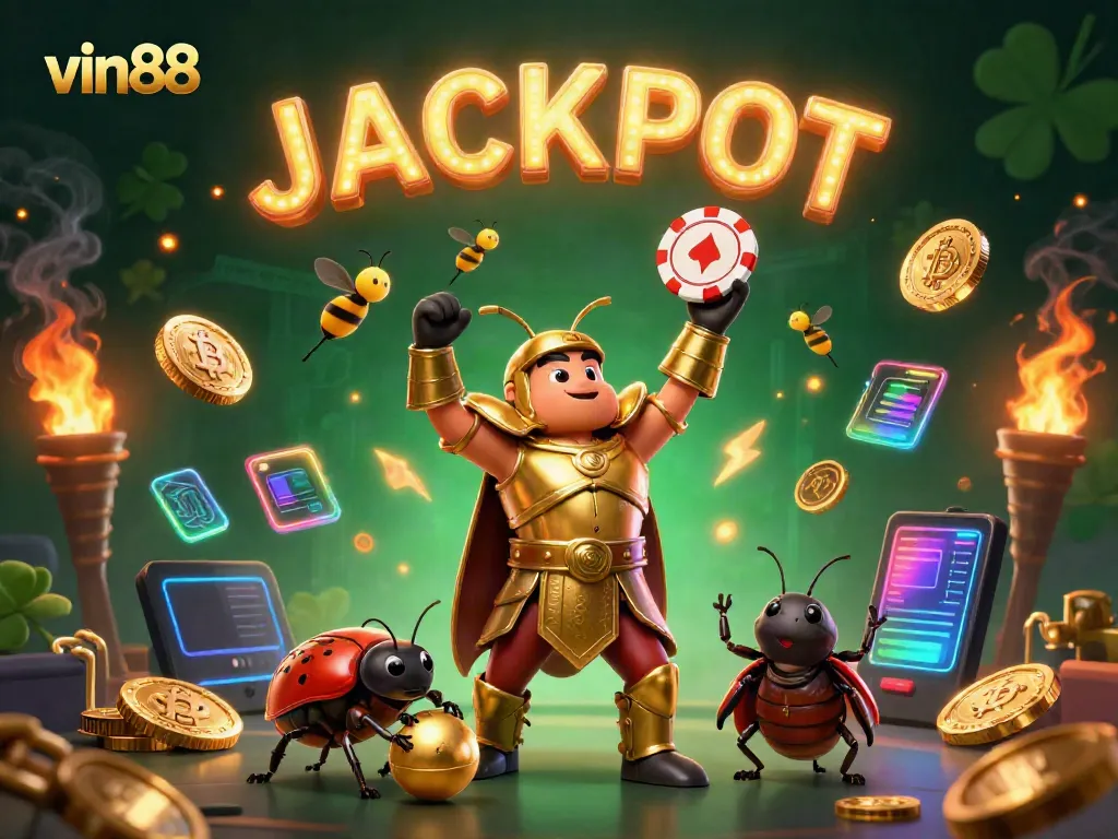 vin88 players celebrate as a hercules beetle lifts a chip, surrounded by crypto coins and jackpot elements