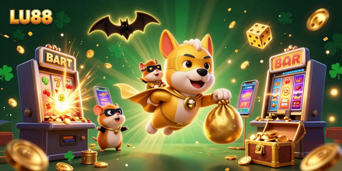 LU88 casino adventure with a superhero dog and hamster amidst jackpot thrills and colorful games.