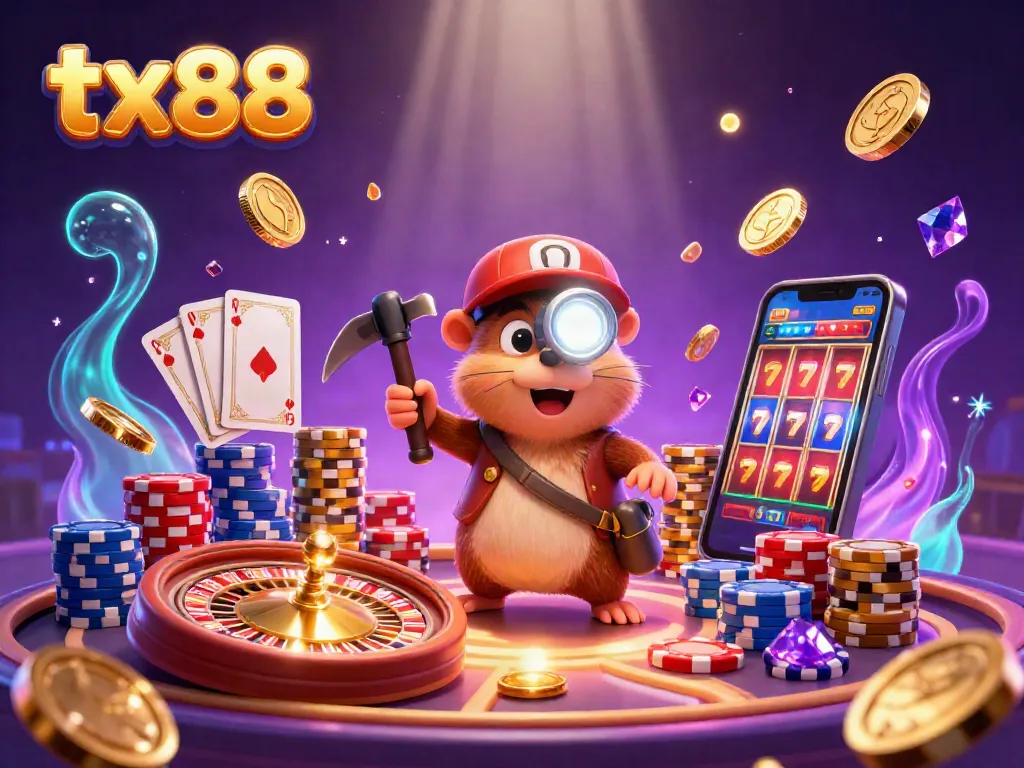 Experience the excitement of tx88 with a vibrant casino scene featuring a treasure hunter mole, golden coins, and dynamic game elements.