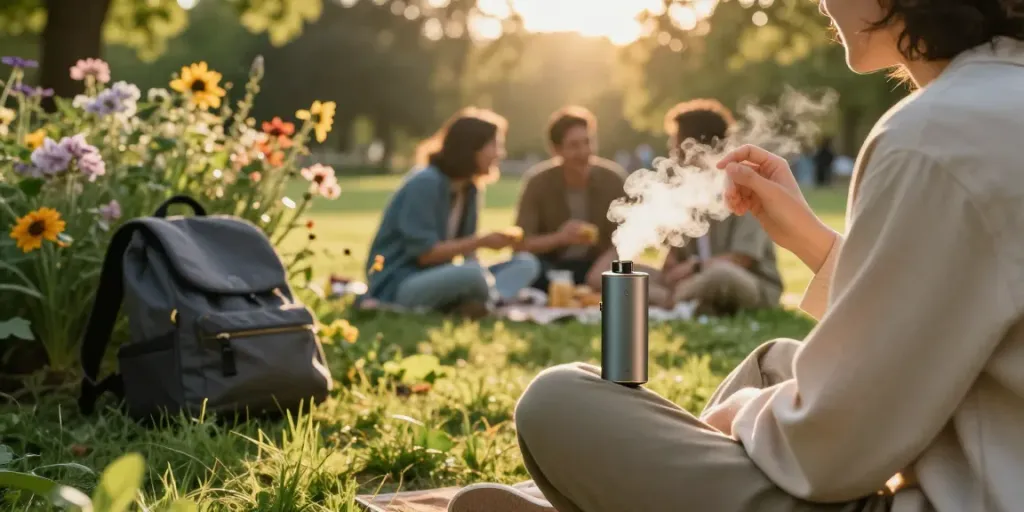 Person enjoying a taschen vaporizer in a serene park setting surrounded by nature.