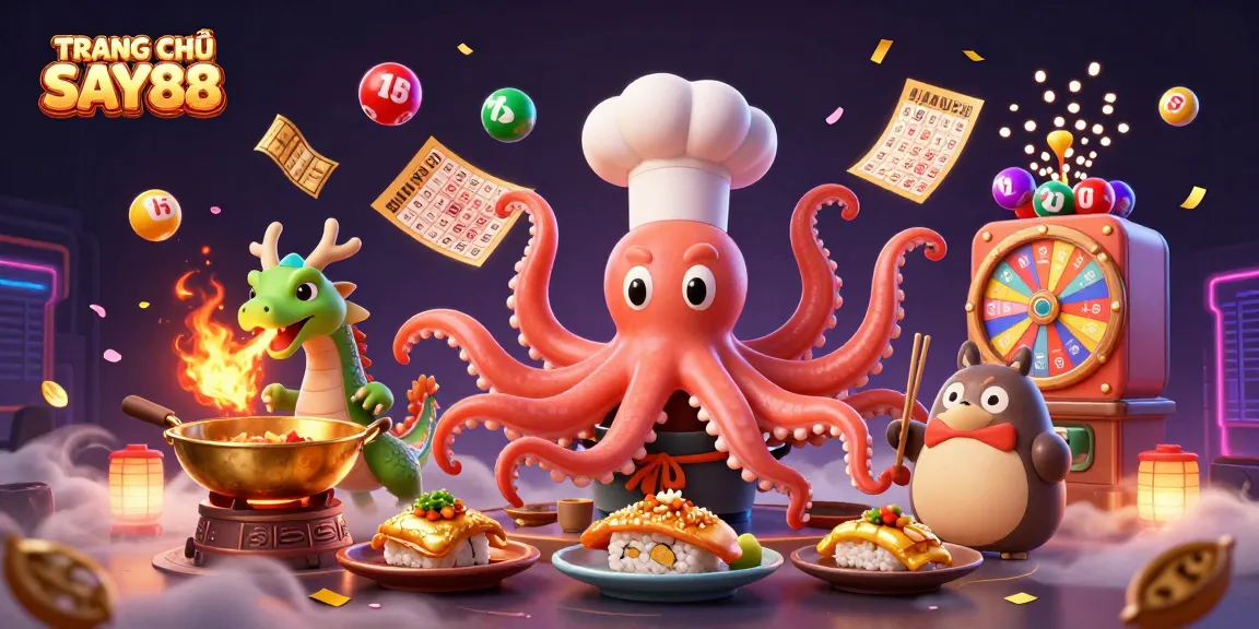Engage with TRANG CHỦ SAY88, featuring a vibrant illustration of a sushi chef octopus and gaming elements.
