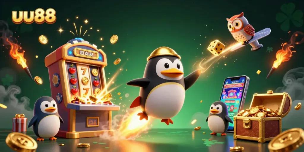 Experience exciting games at uu88, a vibrant casino scene with a golden penguin and exploding slots.