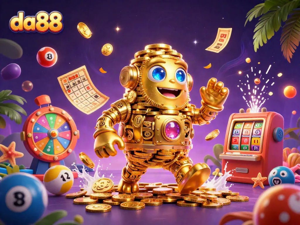 Experience winning at da88 with a vibrant 3D casino scene showcasing a golden golem and dynamic game elements.