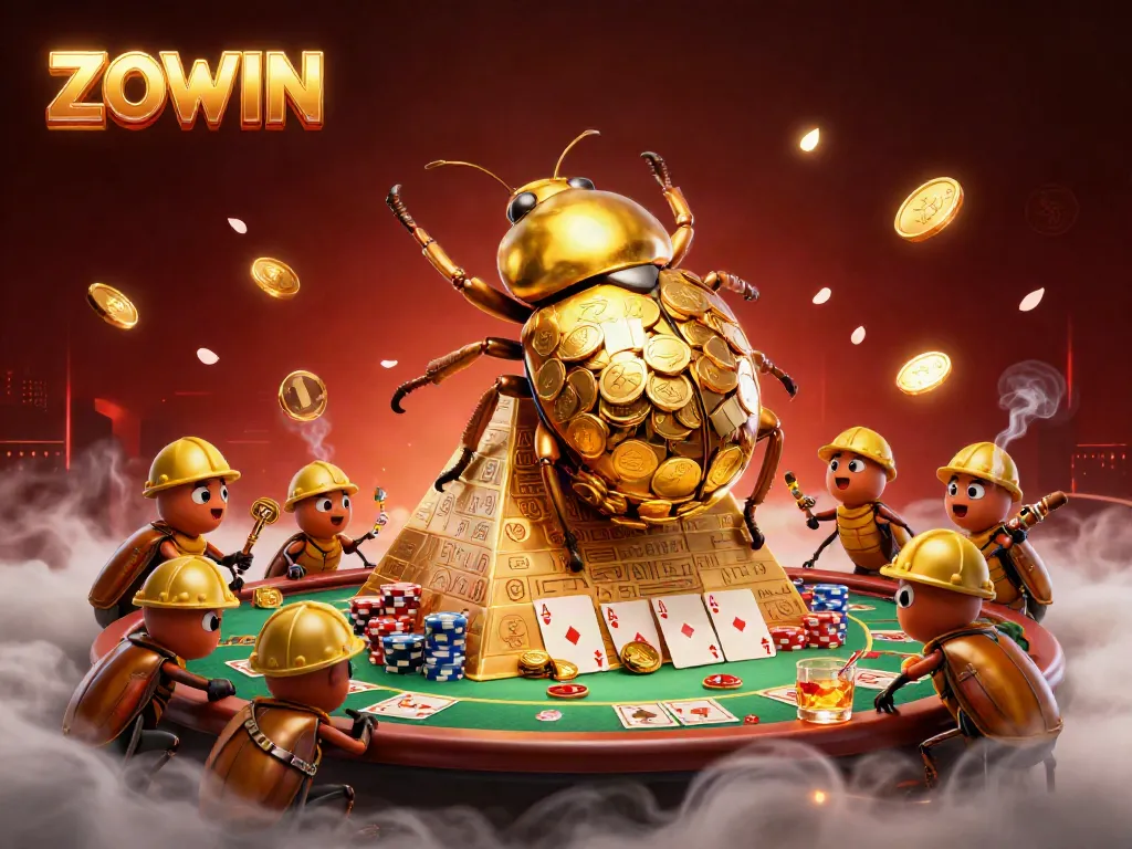ZOWIN showcases a golden beetle rolling coins at a casino-themed pyramid amidst poker tables and vibrant decorations.