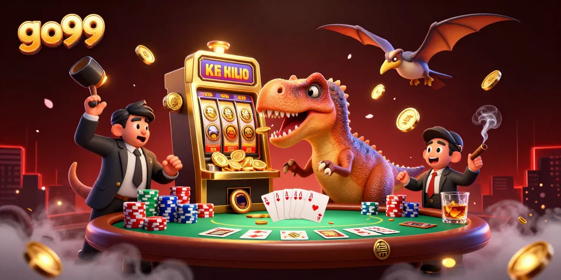 Experience the excitement of go99 as animated dinosaurs create a jackpot scene in a vibrant casino.