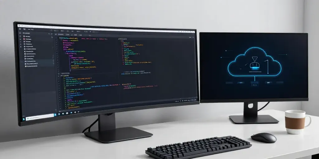 Hochmoderne Gadgets für Softwareentwicklung und Cloud-Technologie mit einem eleganten Arbeitsplatz.
