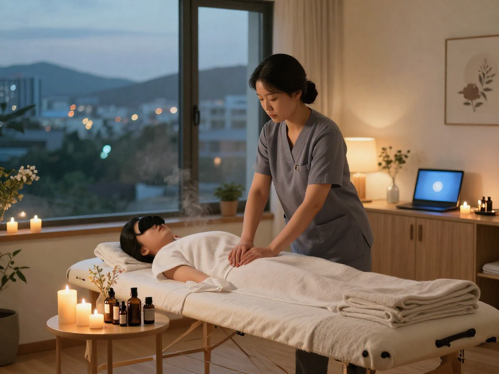 신림동출장마사지 session setup in a cozy home with calming ambiance and professional therapist.