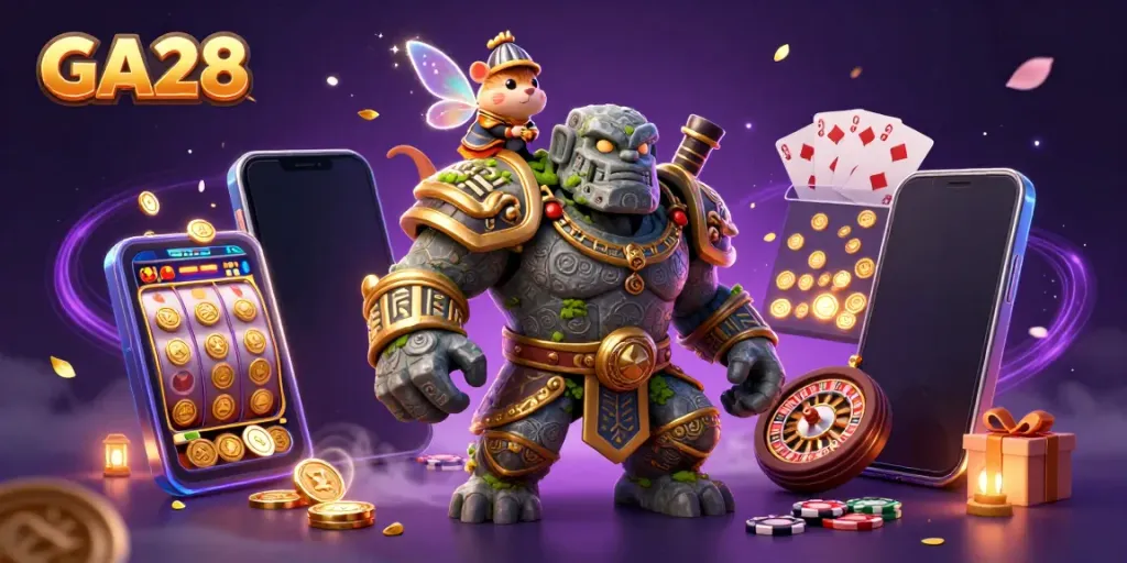 Engage with GA28's vibrant casino scene featuring a golem guardian, fairy, and hamster knight with lively gaming elements.