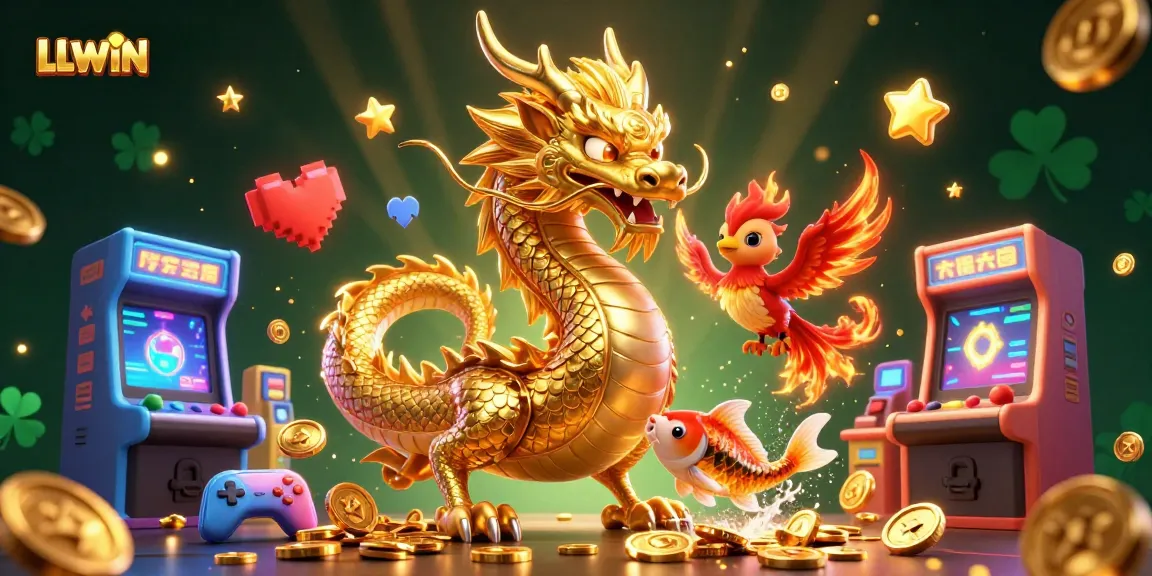 Experience the thrill of LLWIN with a fierce dragon, phoenix, and koi fish in vibrant casino glory.
