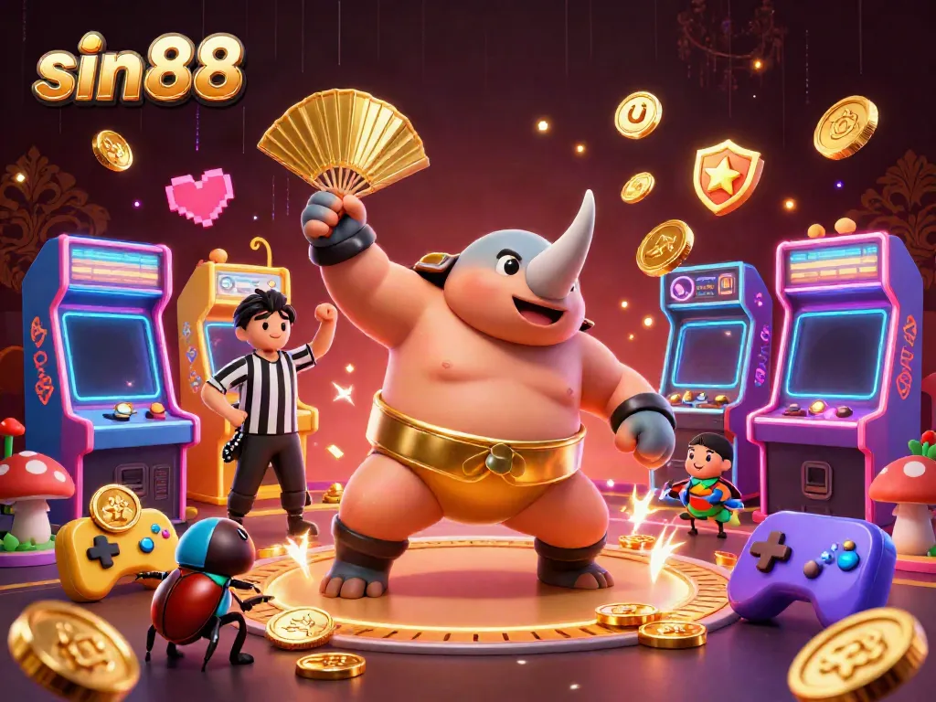 Experience the exciting world of sin88 with a sumo beetle champion amidst golden coins and gaming elements.