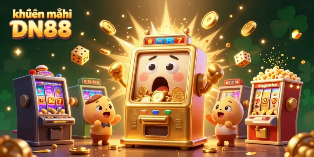 Experience exciting khuyến mãi DN88 with stunning visuals of a jackpot-winning slot machine amid a celebration of coins and games.