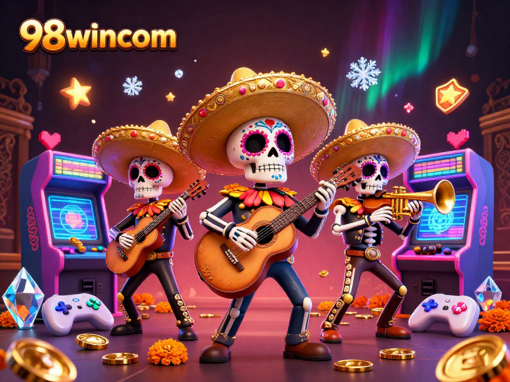 98wincom engages gamers with a vibrant 3D mariachi scene full of arcade elements and casino excitement.