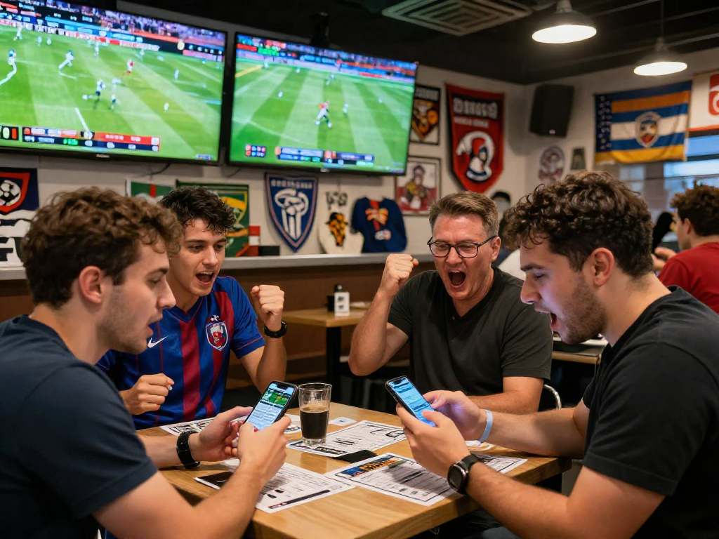 Fans im Umfeld von Fussball Wettanbietern, die mit Begeisterung auf Live-Spiele wetten.