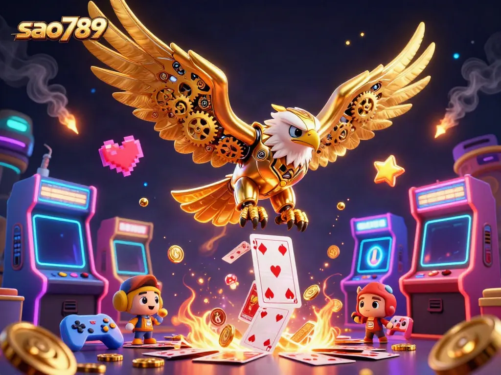 Experience intense gaming with the sao789 eagle diving through holographic cards amidst vibrant casino elements.