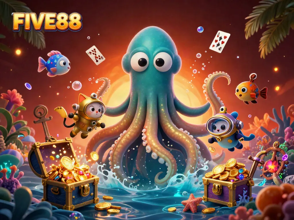Experience the excitement at FIVE88 with a vibrant sea scene showcasing a kraken and diving cat amidst underwater treasures.
