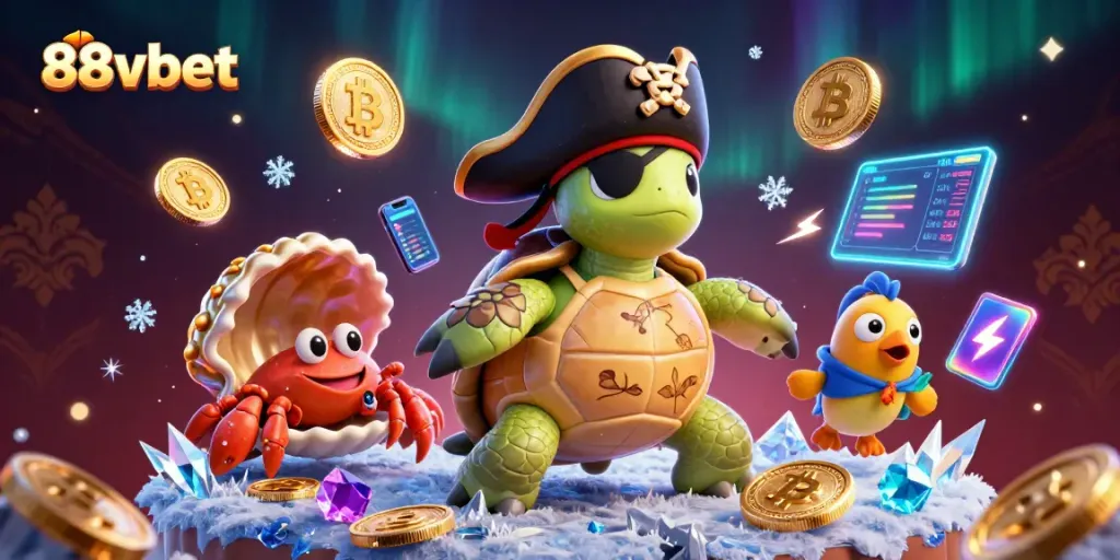 88vbet showcases an energetic 3D casino scene with pirate characters and crypto coins.