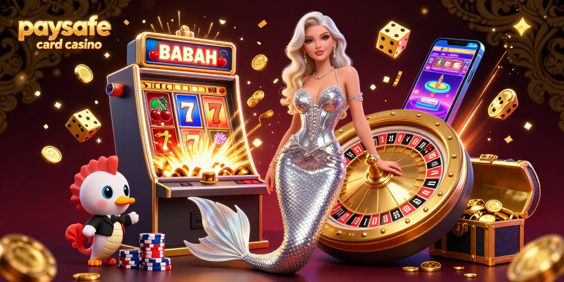 Illustration eines Paysafe Card Casinos mit einem glamourösen Setup, einem Roulette-Rad, einer atemberaubenden Frau und fliegenden Jackpot-Elementen.