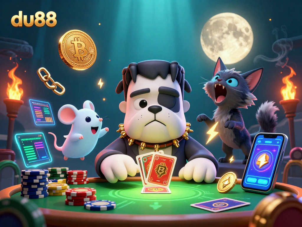Deal cards in the du88 casino with neon crypto coins and whimsical characters.