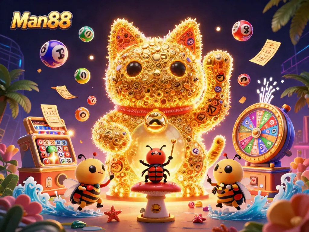 Engage in gaming action at Man88 with a colorful scene of lively lottery elements and a waving lucky cat.