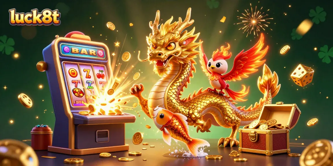 Experience exciting luck8t slot action with golden dragon, phoenix, and coins in a vibrant casino scene.