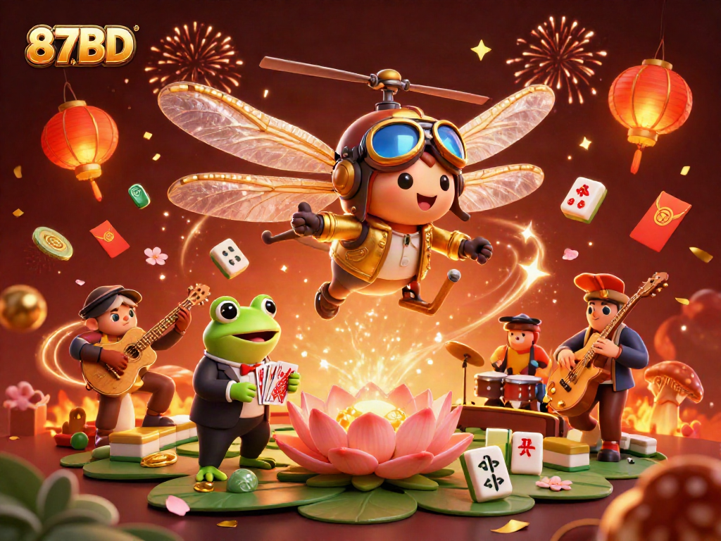 Experience the thrill of 87BD with a vibrant casino scene featuring a frog croupier and dragonfly pilot.