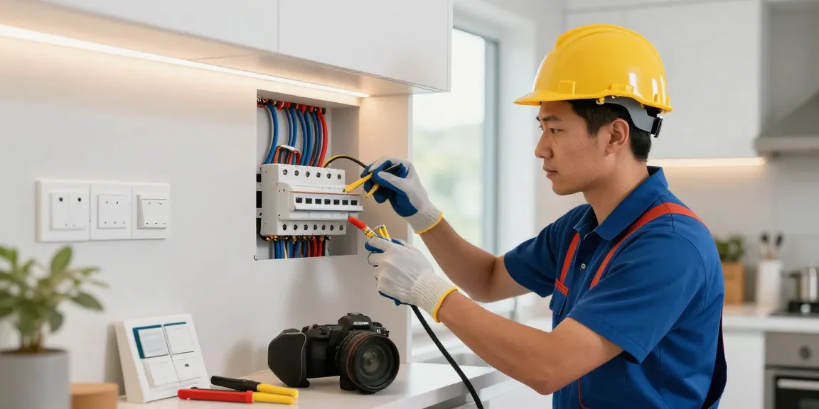 Elektroinstallateur in Essen bei der professionellen Elektroinstallation in modernem Küchenumfeld.